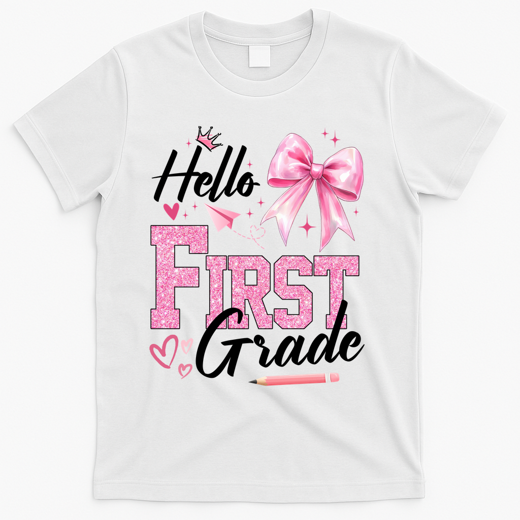 Hello First 1st Grade First Day Of School Coquette Teacher T-Shirt - White