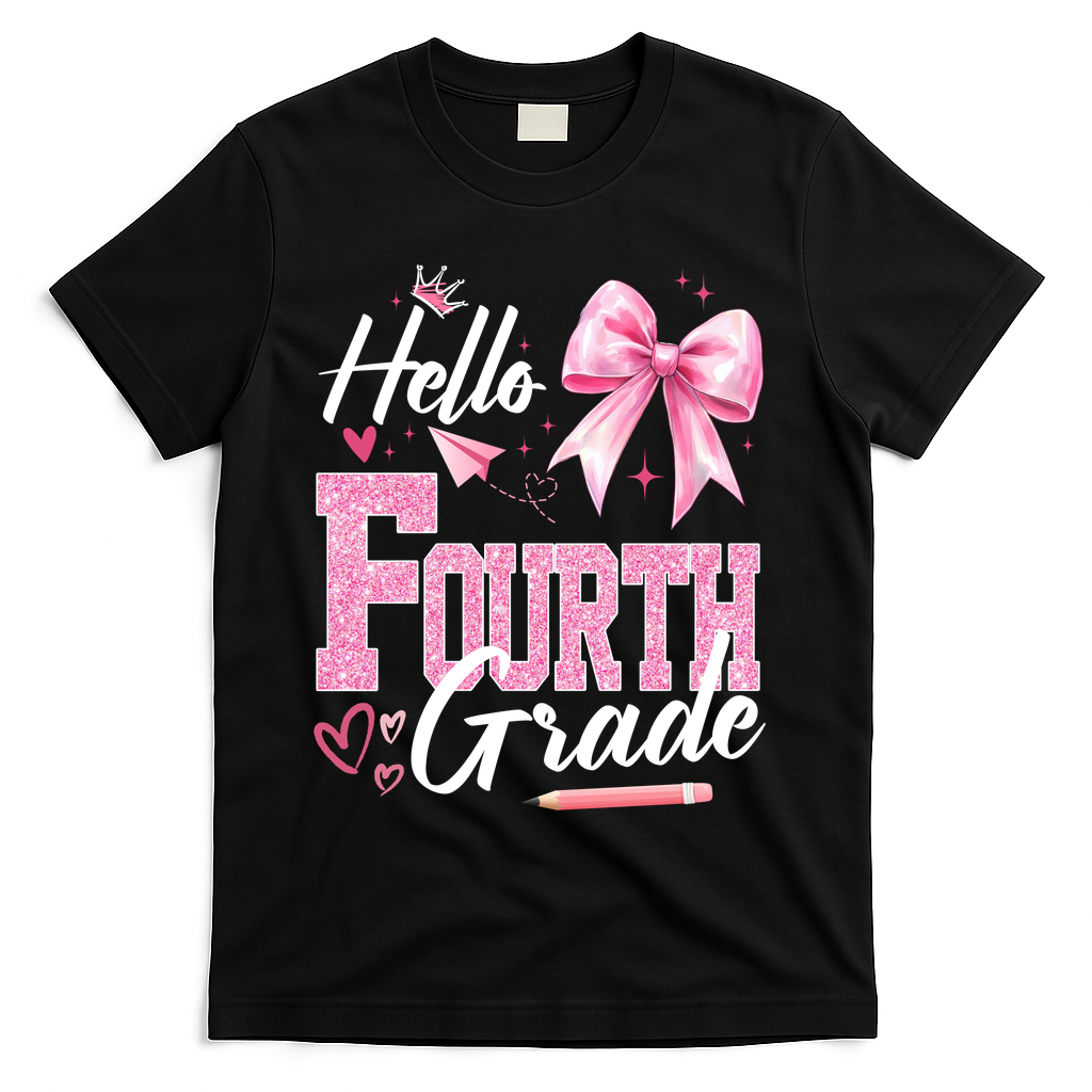 Hello Fourth 4th Grade First Day Of School Coquette Teacher T-Shirt - Black