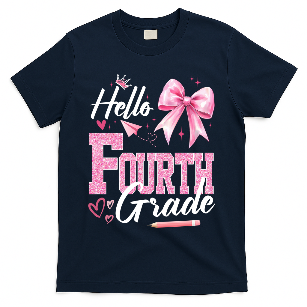 Hello Fourth 4th Grade First Day Of School Coquette Teacher T-Shirt - Navy