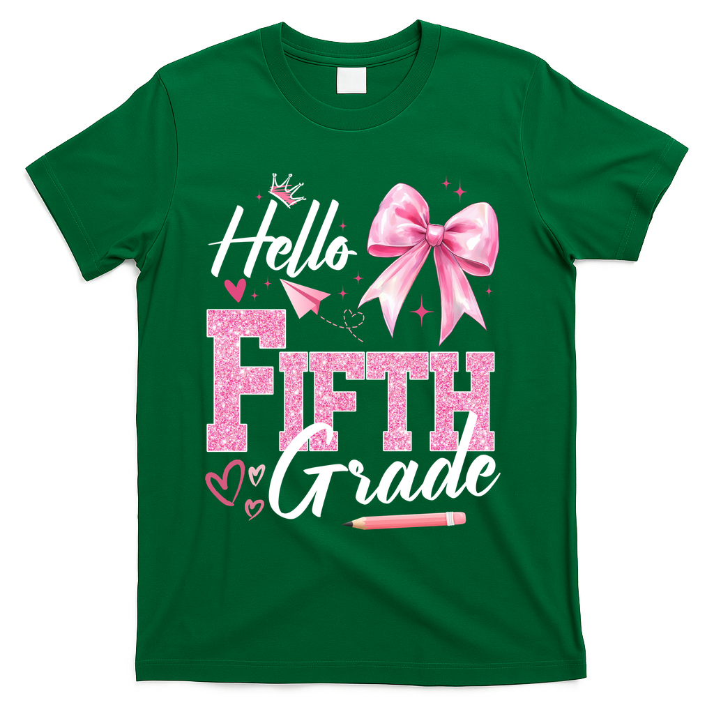 Hello Fifth 5th Grade First Day Of School Coquette Teacher T-Shirt - Green