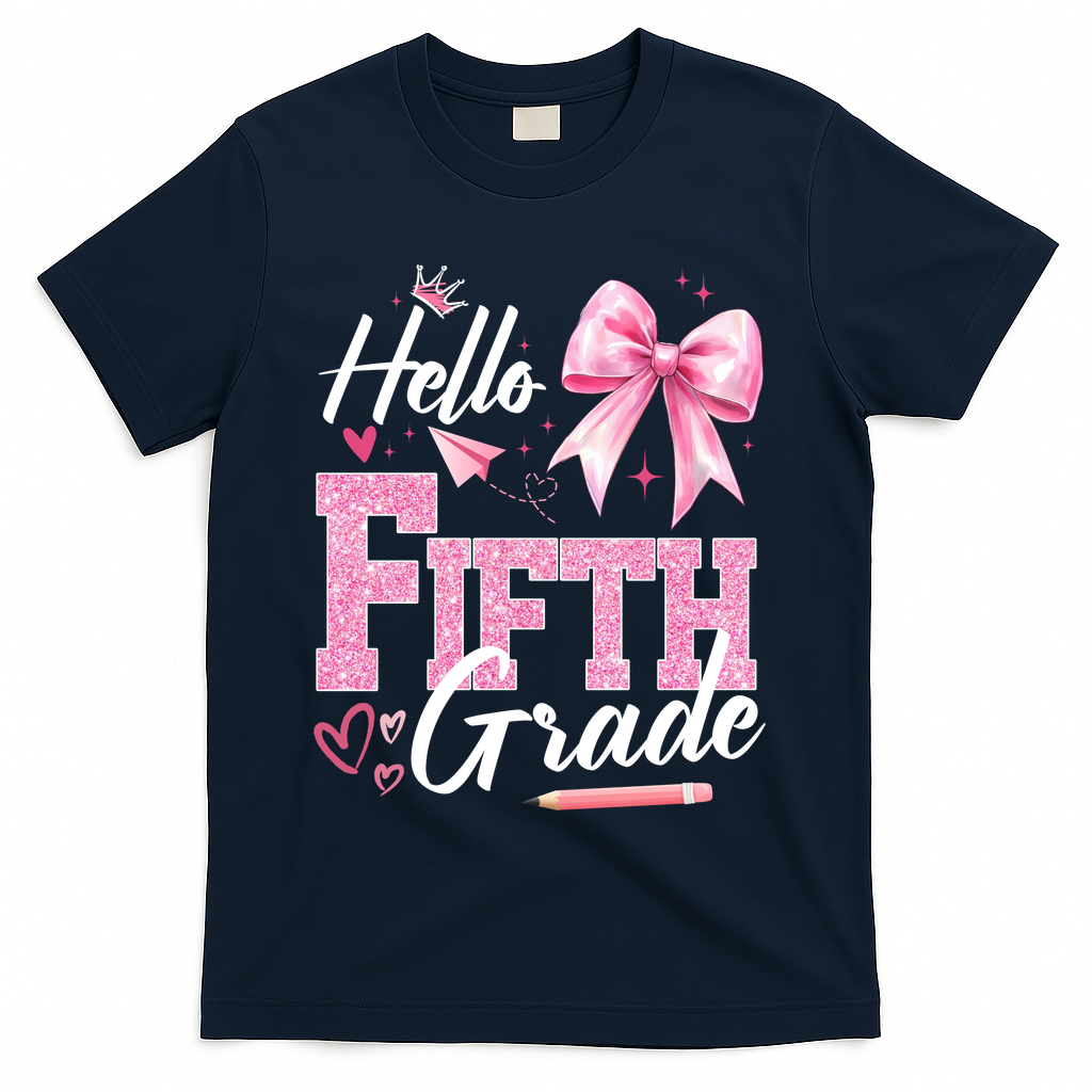 Hello Fifth 5th Grade First Day Of School Coquette Teacher T-Shirt - Navy
