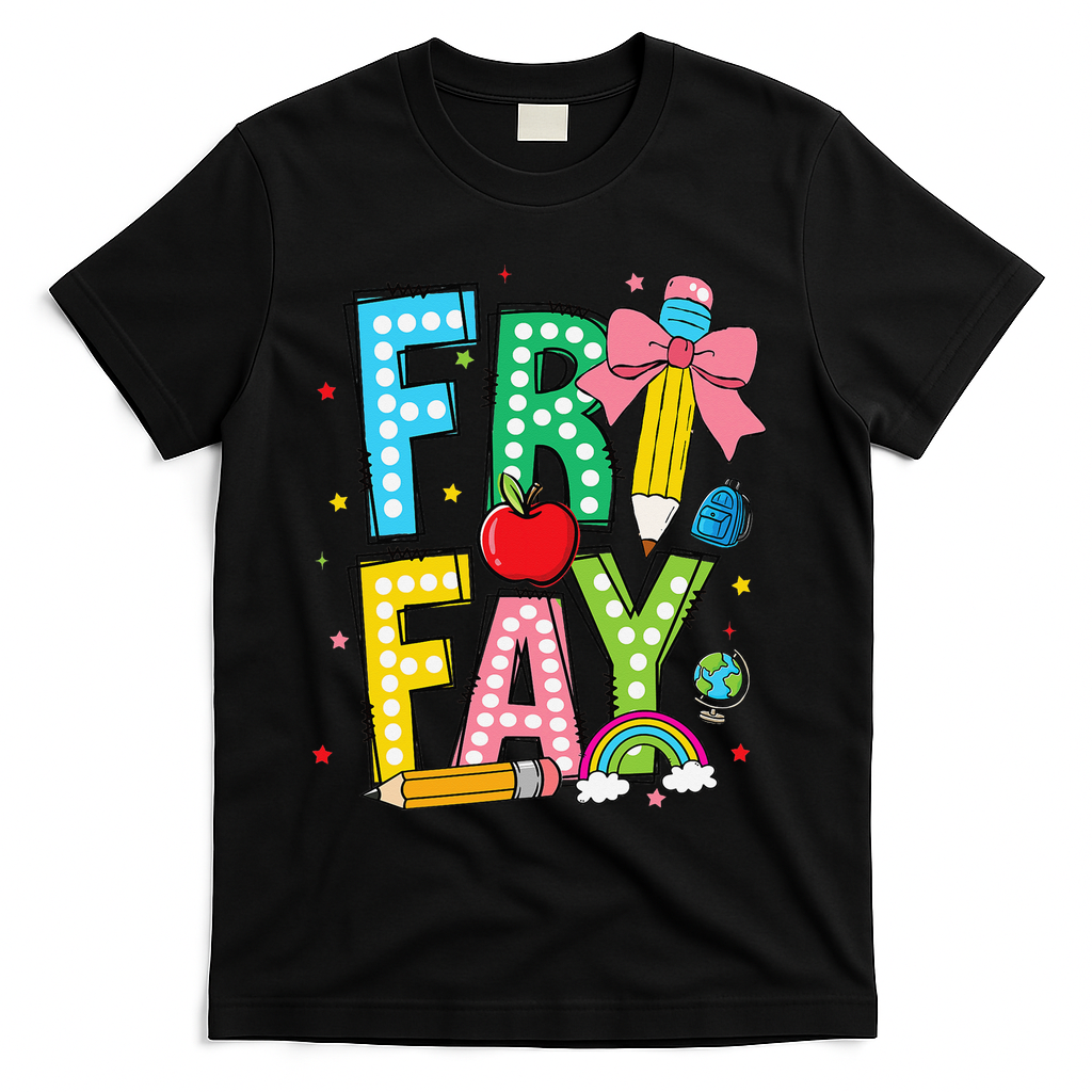 Happy Friyay Coquette Bow Friday Weekend Teacher T-Shirt - Black