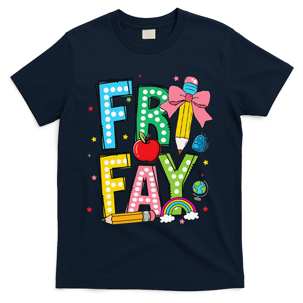 Happy Friyay Coquette Bow Friday Weekend Teacher T-Shirt - Navy