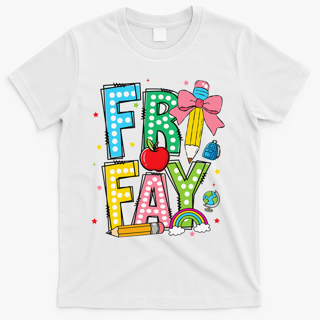 Happy Friyay Coquette Bow Friday Weekend Teacher T-Shirt - White