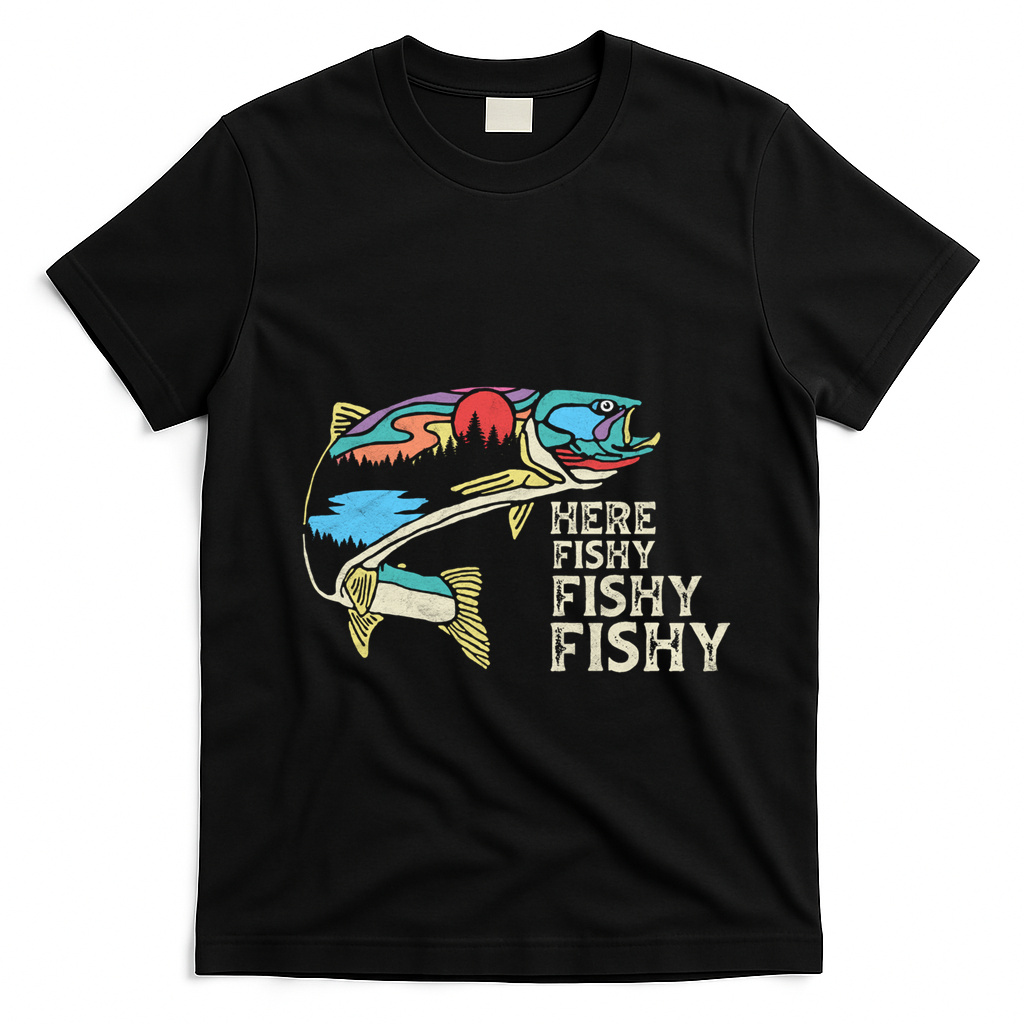 Here Fishy Fishy Retro Nature Trout Fly Fishing Gift T-Shirt - Black