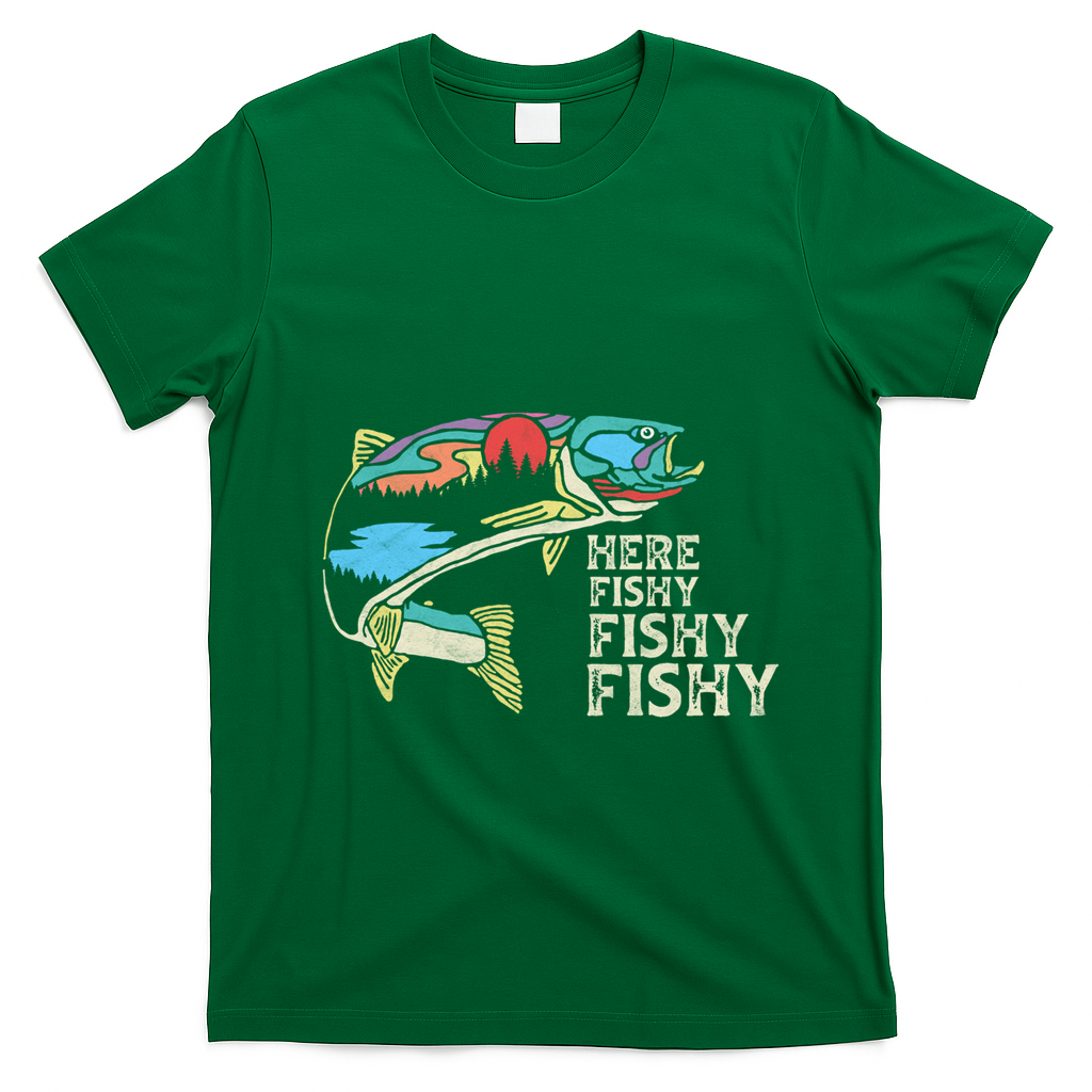 Here Fishy Fishy Retro Nature Trout Fly Fishing Gift T-Shirt - Irish Green