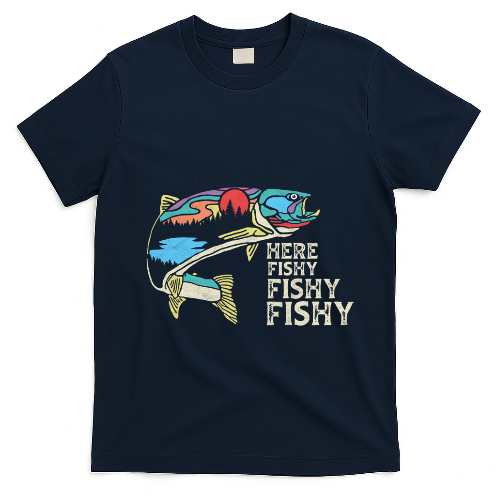 Here Fishy Fishy Retro Nature Trout Fly Fishing Gift T-Shirt - Navy Blue