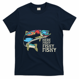 Here Fishy Fishy Retro Nature Trout Fly Fishing Gift T-Shirt - Navy Blue