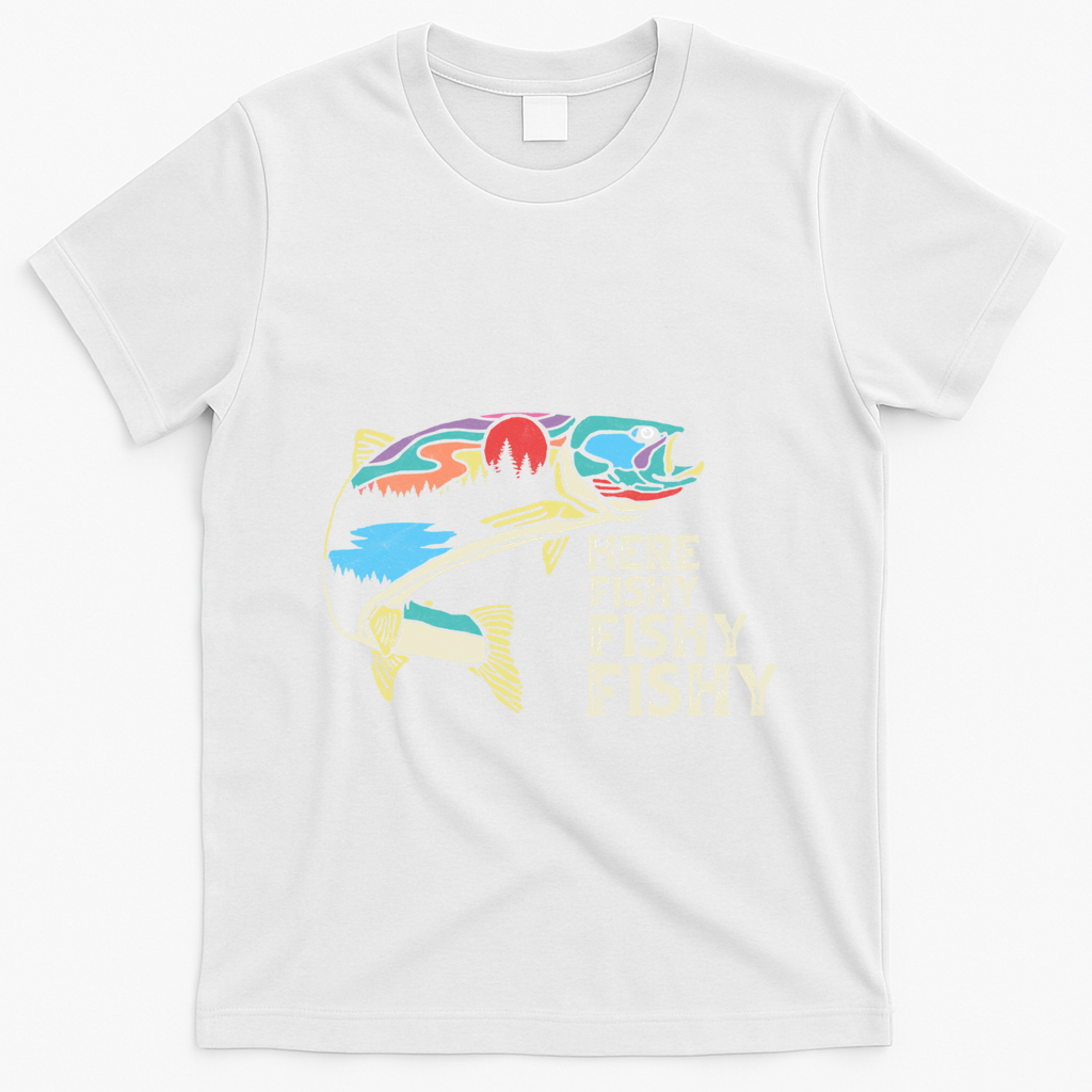 Here Fishy Fishy Retro Nature Trout Fly Fishing Gift T-Shirt - White