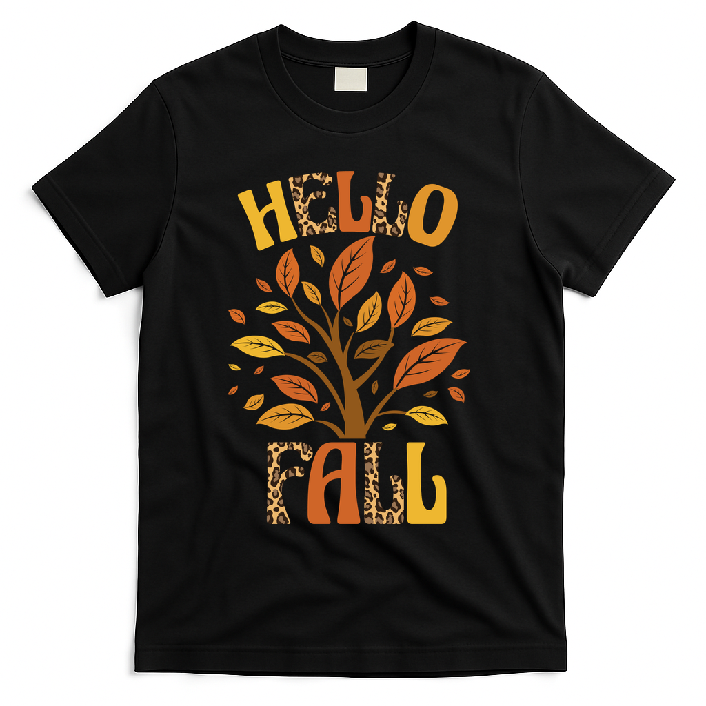 Hello Fall Leopard Season Nature T-Shirt - Black