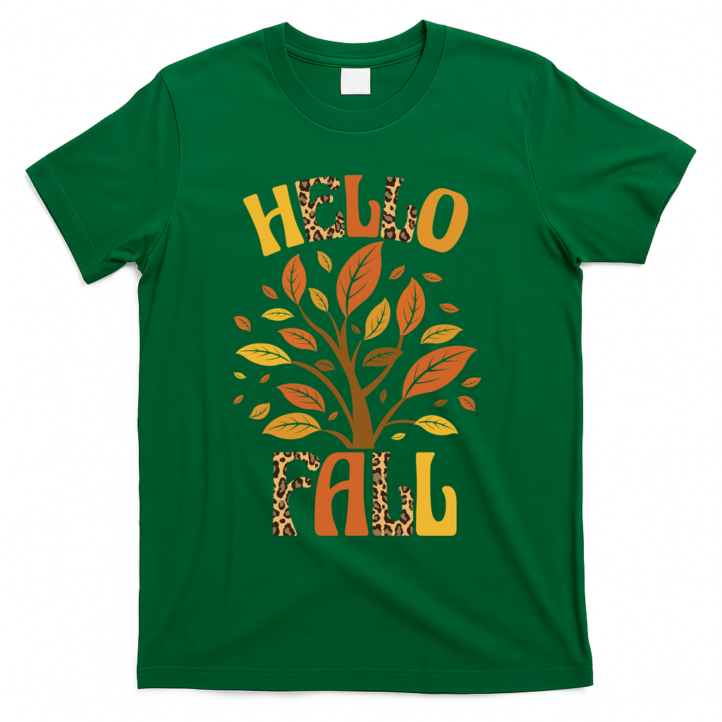 Hello Fall Leopard Season Nature T-Shirt - Green