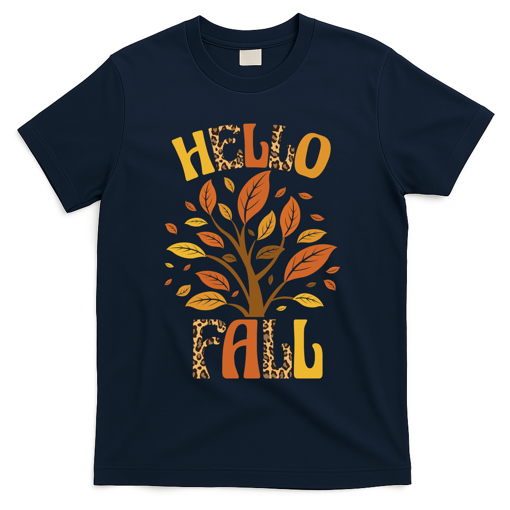 Hello Fall Leopard Season Nature T-Shirt - Navy