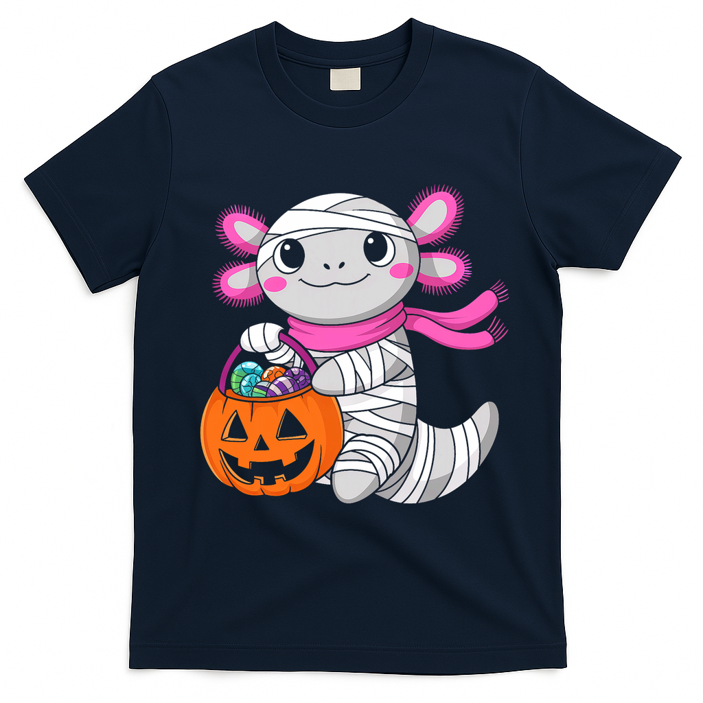 Halloween For   Pumpkin Axolotl Mummy T-Shirt - Navy Blue