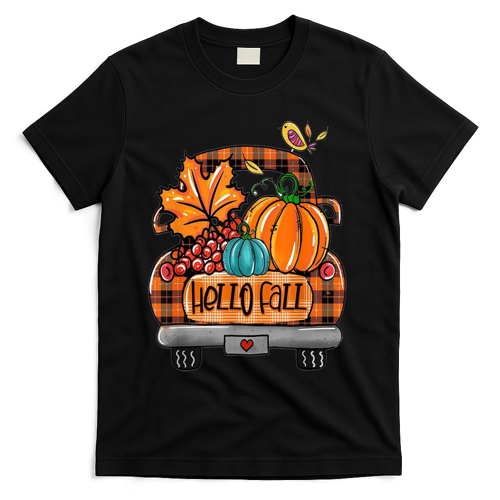 Hello Fall Pumpkin Truck Cute T-Shirt - Black