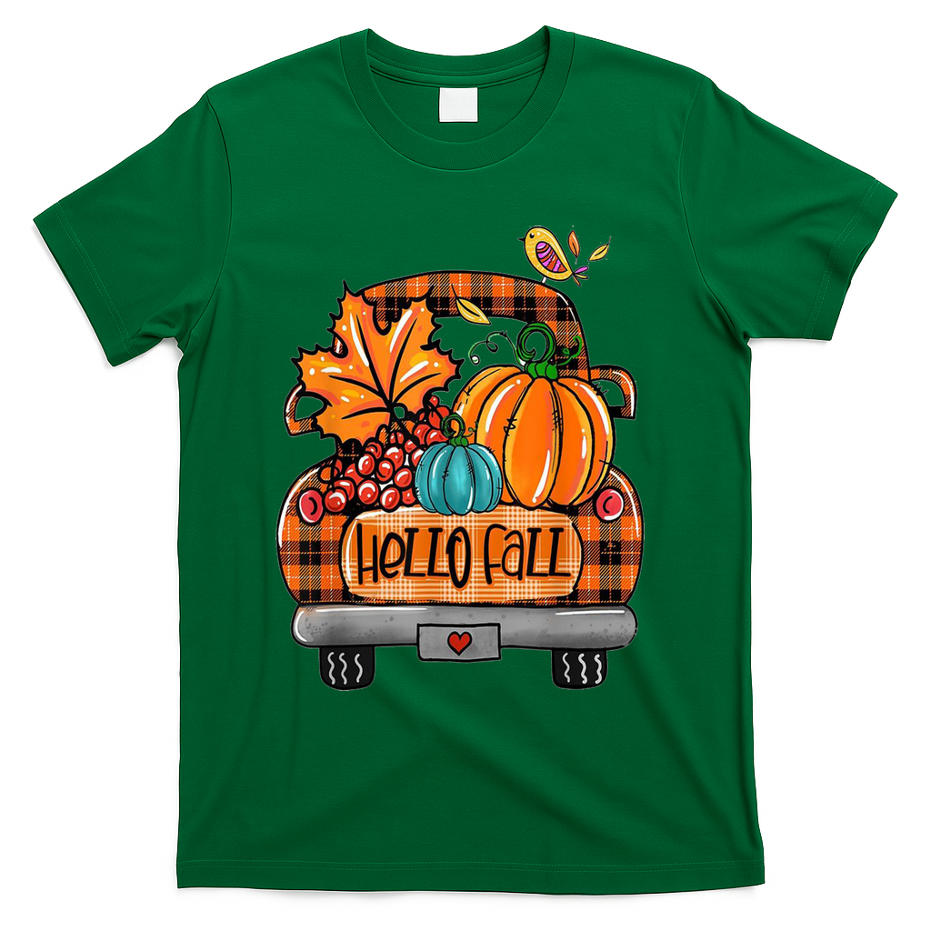 Hello Fall Pumpkin Truck Cute T-Shirt - Green