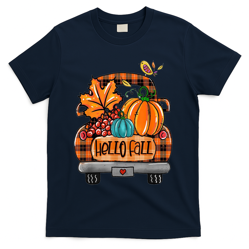 Hello Fall Pumpkin Truck Cute T-Shirt - Navy