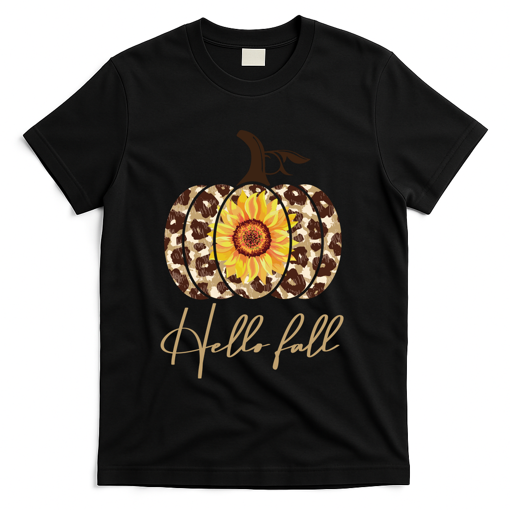Hello Fall Sunflower Pumpkin T-Shirt - Black
