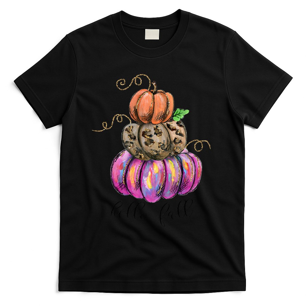 Hello Fall Watercolor Pumpkin Colorful Pumpkin Thanksgiving T-Shirt - Black