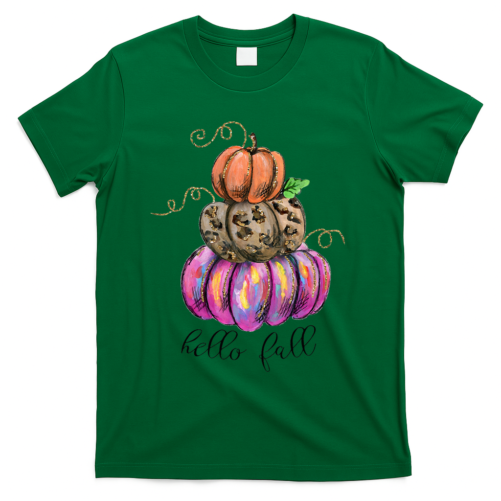 Hello Fall Watercolor Pumpkin Colorful Pumpkin Thanksgiving T-Shirt - Green