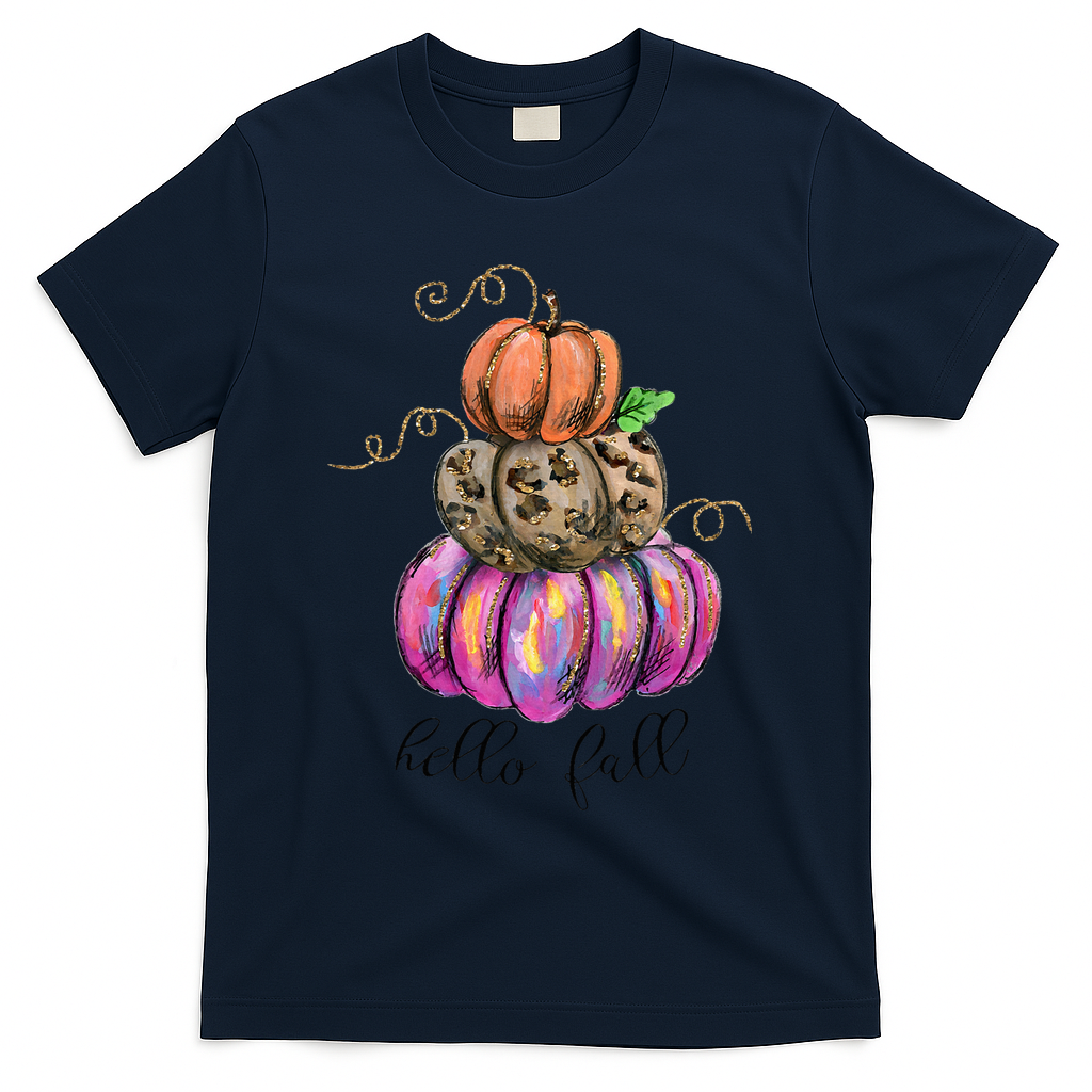 Hello Fall Watercolor Pumpkin Colorful Pumpkin Thanksgiving T-Shirt - Navy