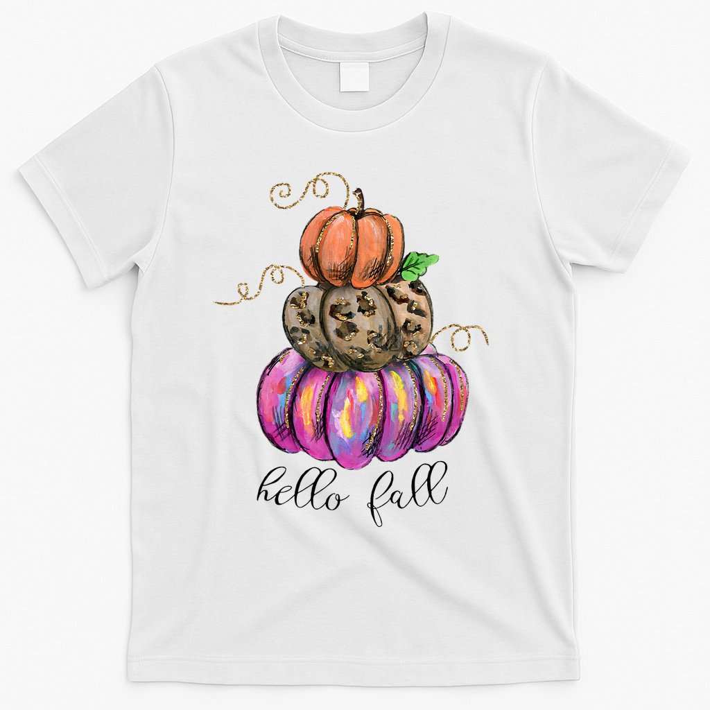 Hello Fall Watercolor Pumpkin Colorful Pumpkin Thanksgiving T-Shirt - White