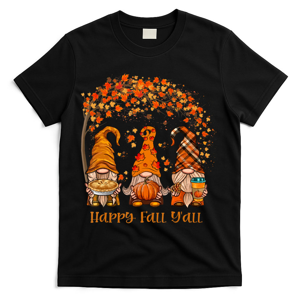 Happy Fall Y'all Gnome Autumn Gnomes Pumpkin Spice Season T-Shirt - Black