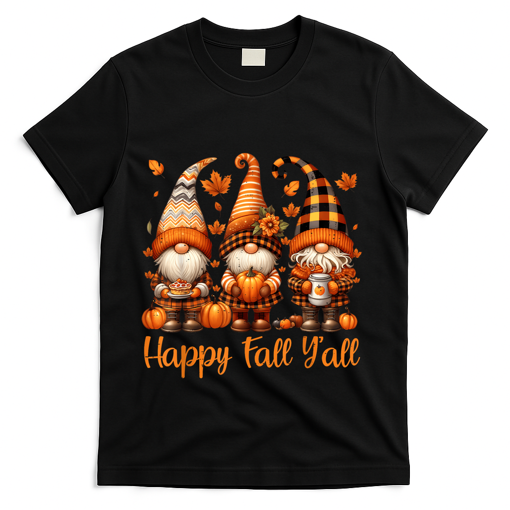 Happy Fall YAll Gnome Pumpkin Autumn Thanksgiving T-Shirt - Black