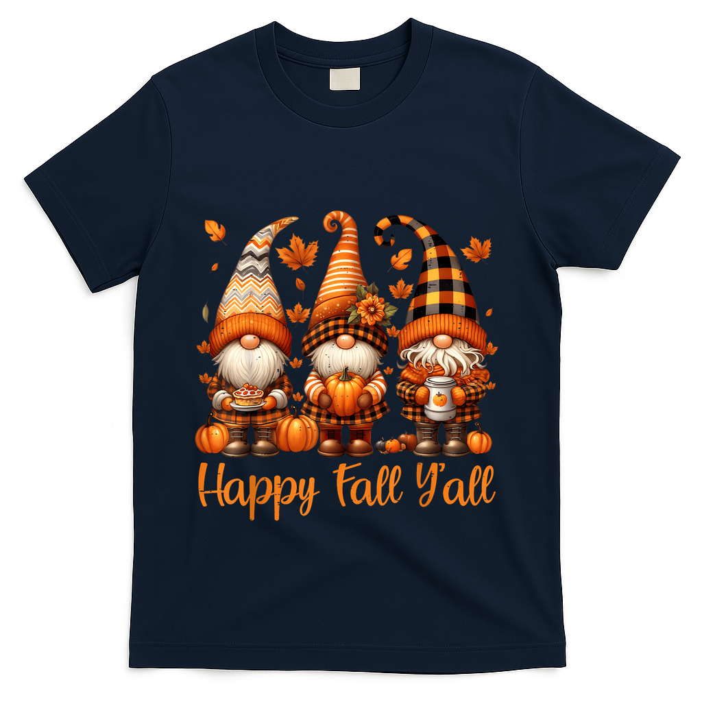Happy Fall YAll Gnome Pumpkin Autumn Thanksgiving T-Shirt - Navy