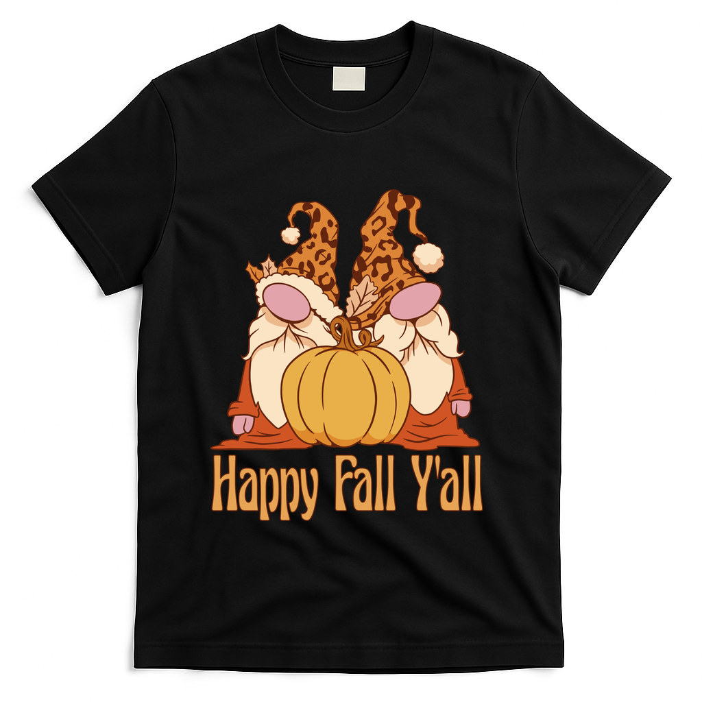 Happy Fall Y'all Gnome Cute Pumpkin T-Shirt - Black