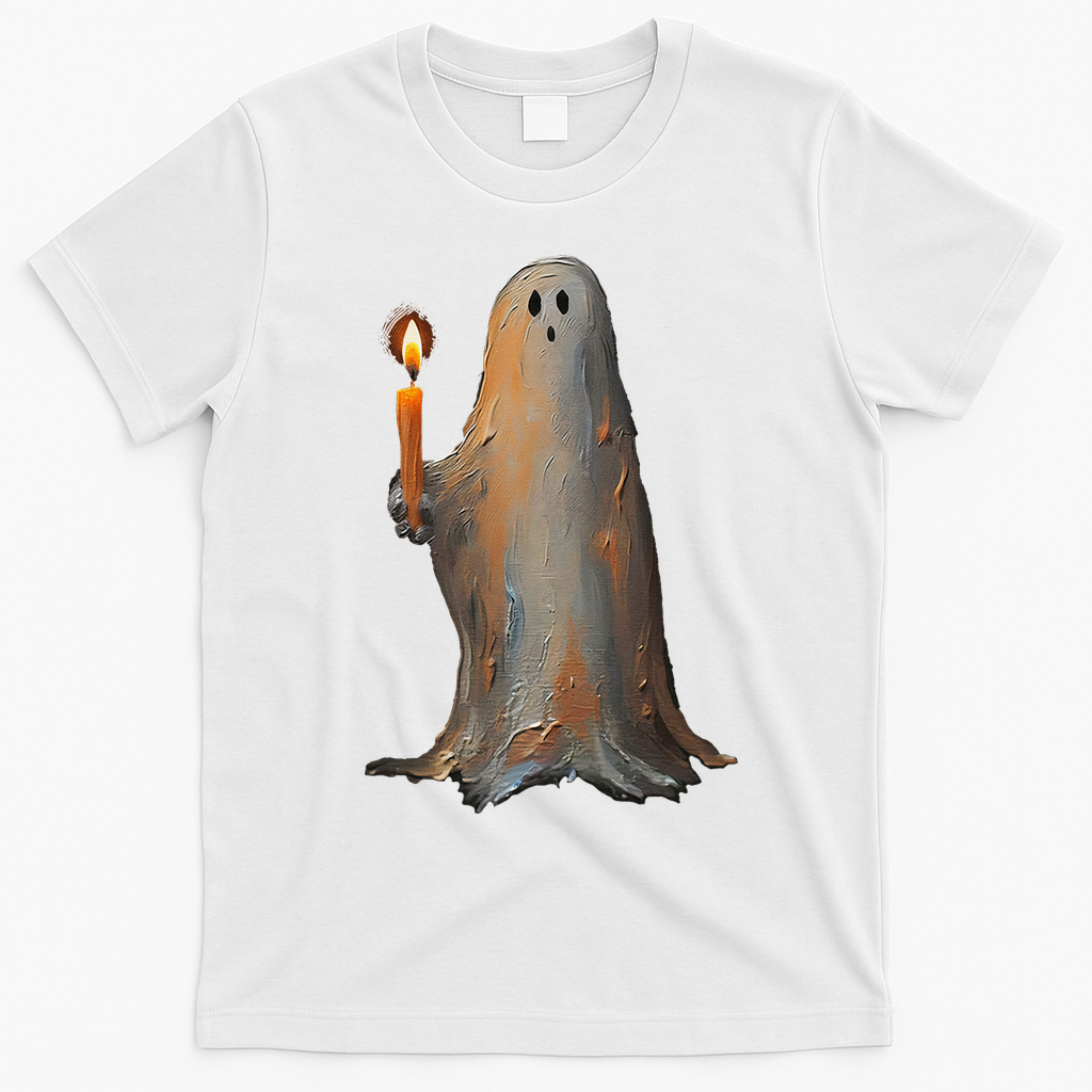 Halloween Ghost Holding Candle Spooky T-Shirt - White