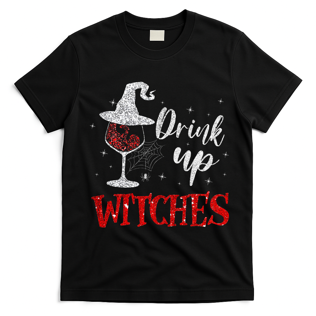 Halloween Glass Of Wine Drink Up Witche T-Shirt - Black