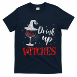 Halloween Glass Of Wine Drink Up Witche T-Shirt - Navy Blue