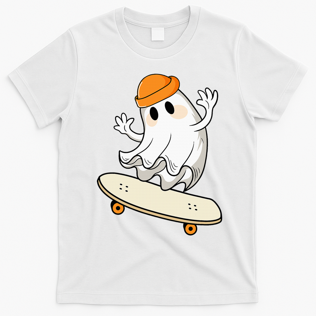 Halloween Ghost Skateboard Halloween Skateboarding T-Shirt - White