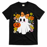 Halloween Groovy Trick Or Treat Cute Ghost Floral Women Girl T-Shirt - Black