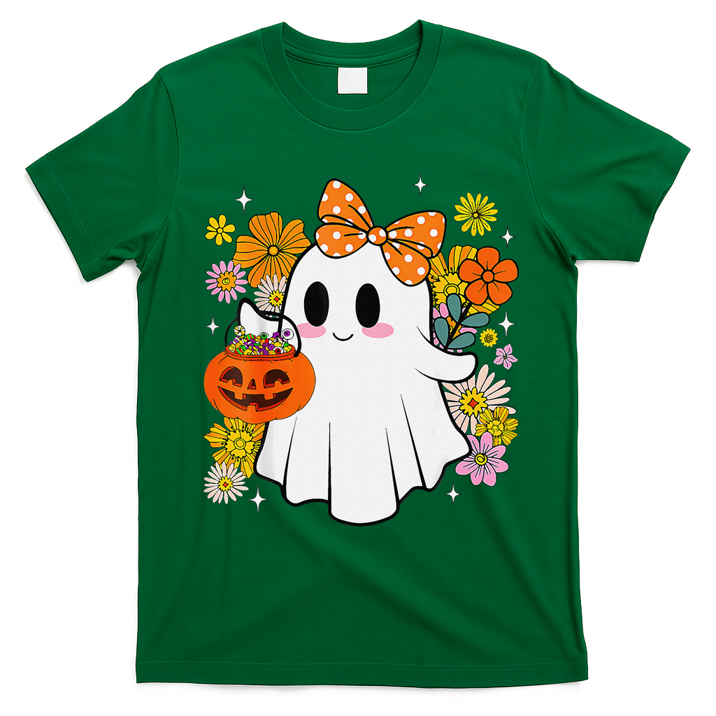 Halloween Groovy Trick Or Treat Cute Ghost Floral Women Girl T-Shirt - Irish Green