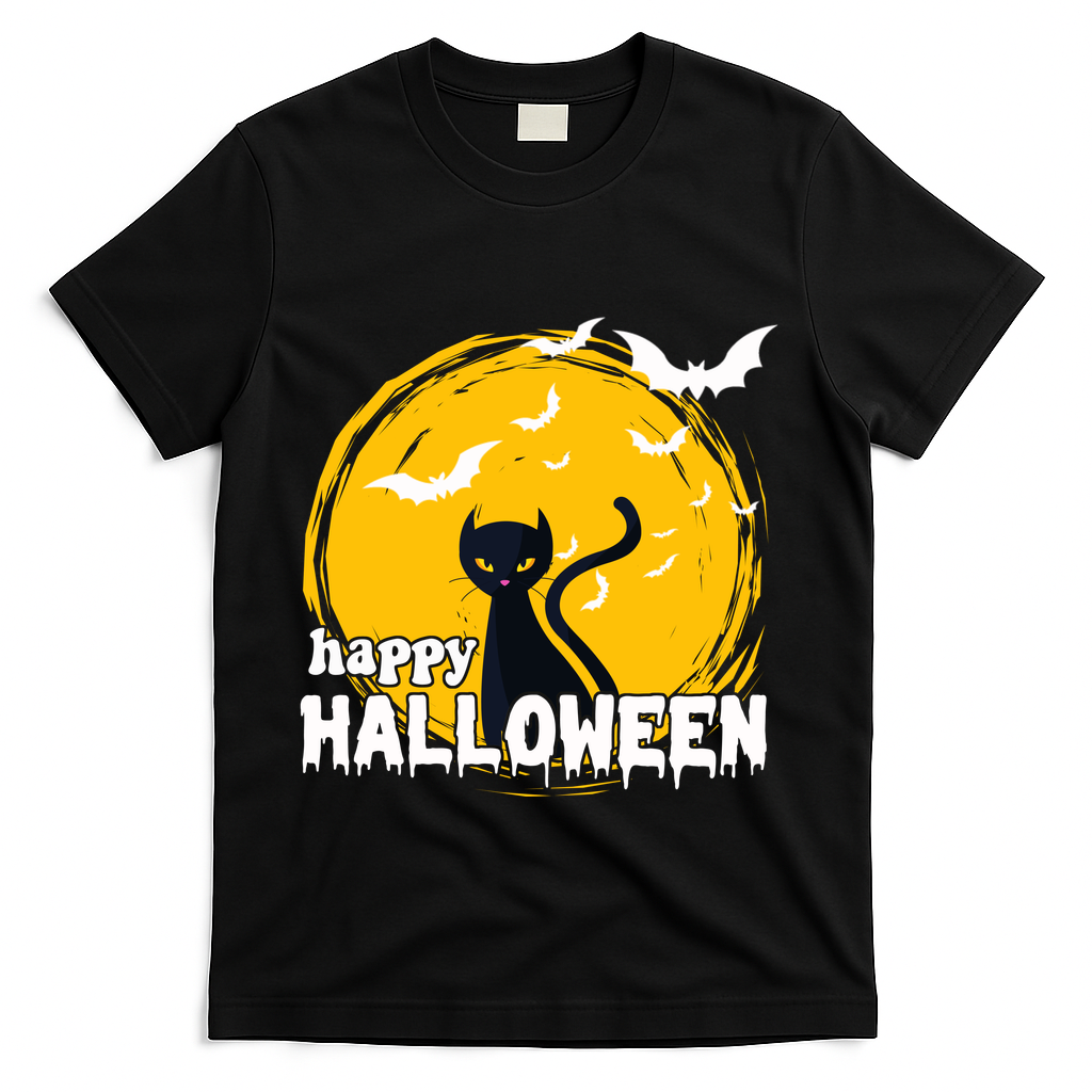 Happy Halloween Black Cat Spooky T-Shirt - Black