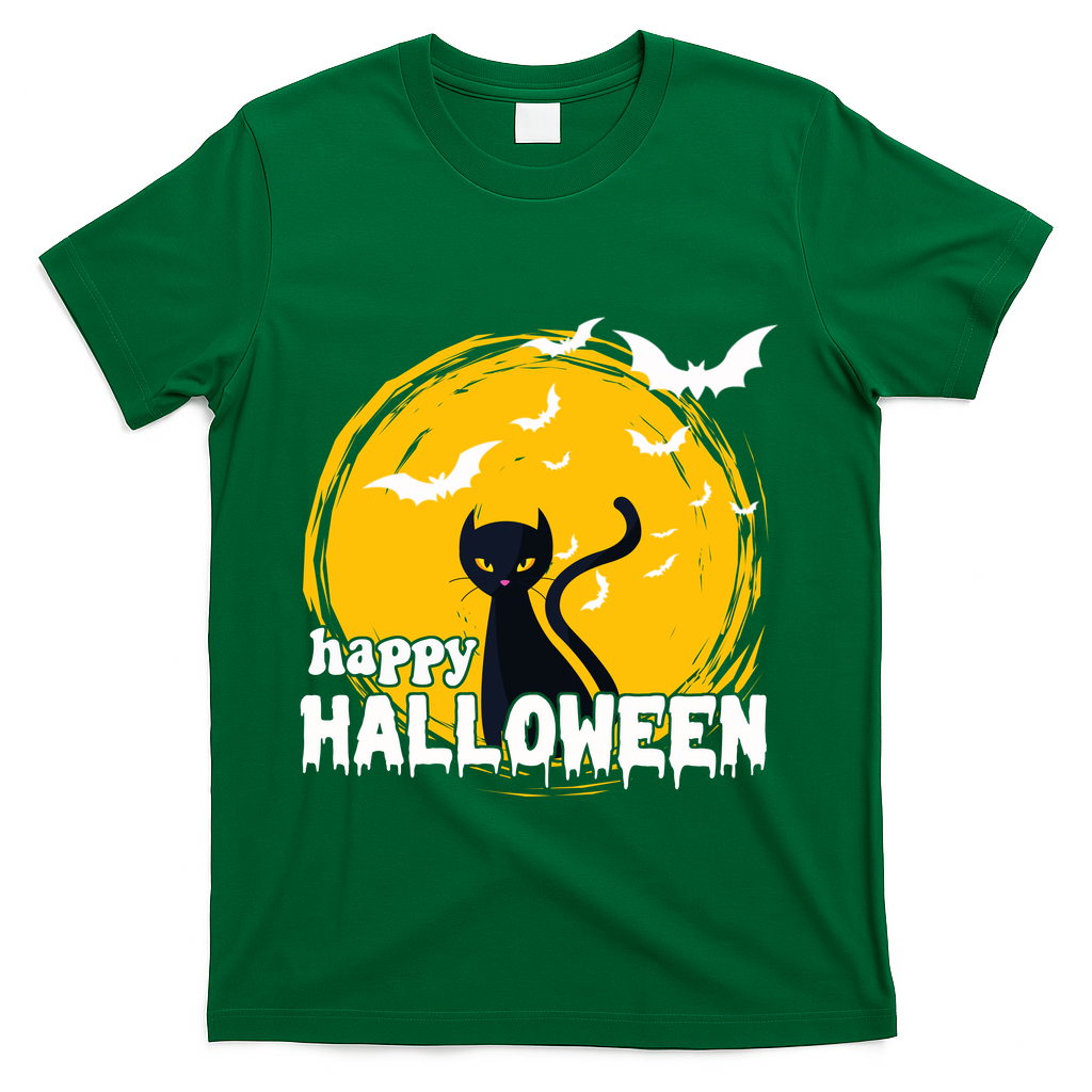 Happy Halloween Black Cat Spooky T-Shirt - Green