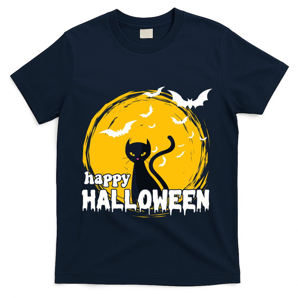 Happy Halloween Black Cat Spooky T-Shirt - Navy