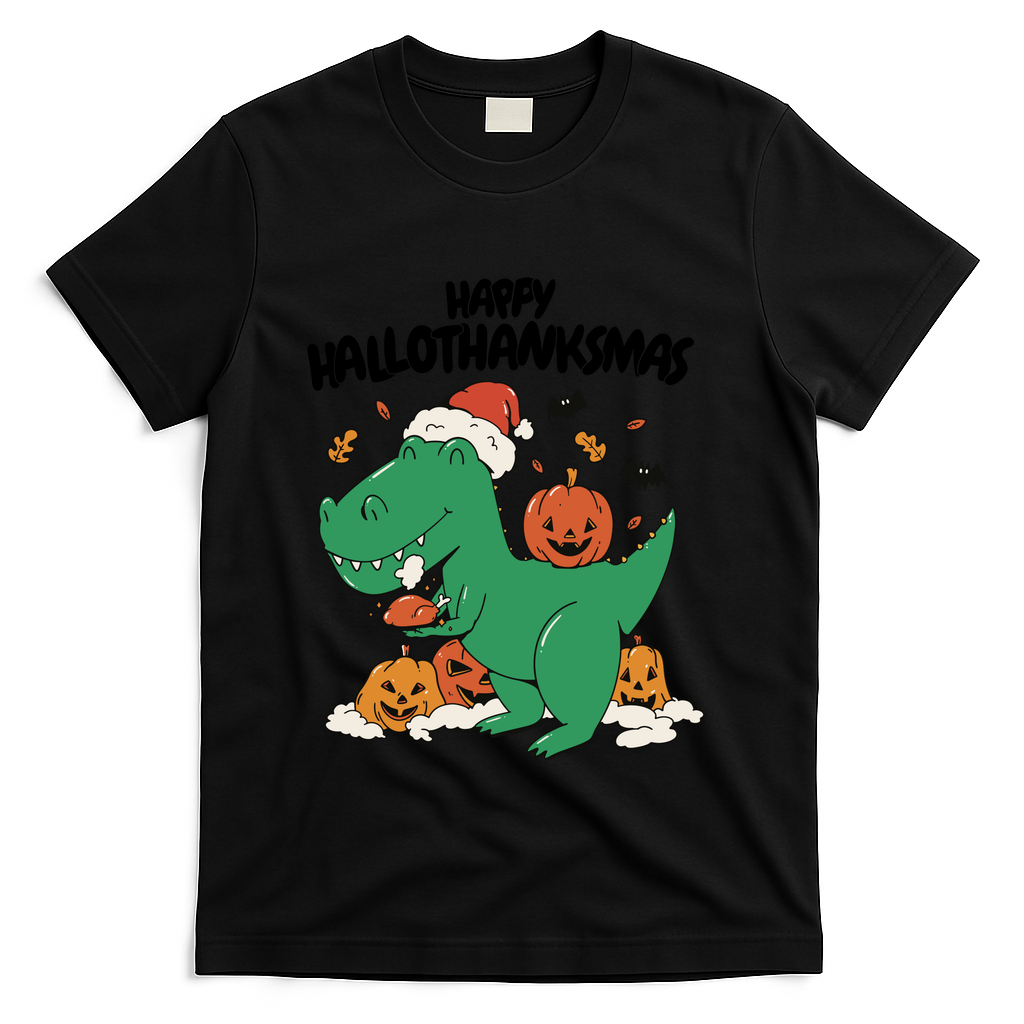 Happy Hallothanksmas Dinosaur Holiday T-Shirt - Black