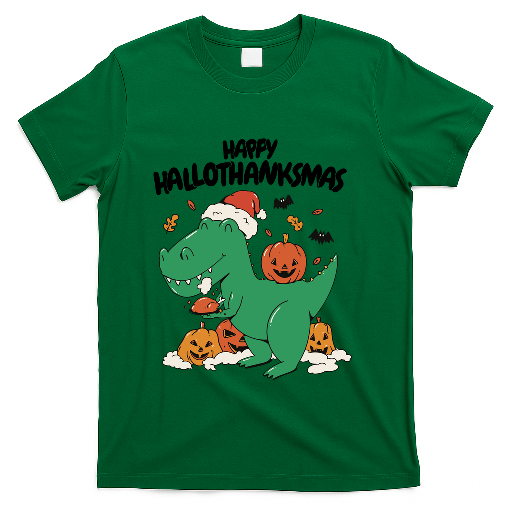 Happy Hallothanksmas Dinosaur Holiday T-Shirt - Green