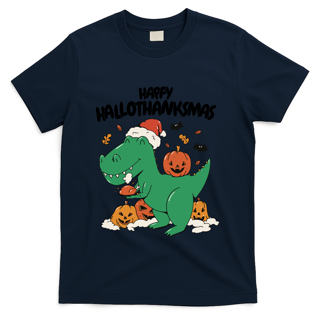 Happy Hallothanksmas Dinosaur Holiday T-Shirt - Navy