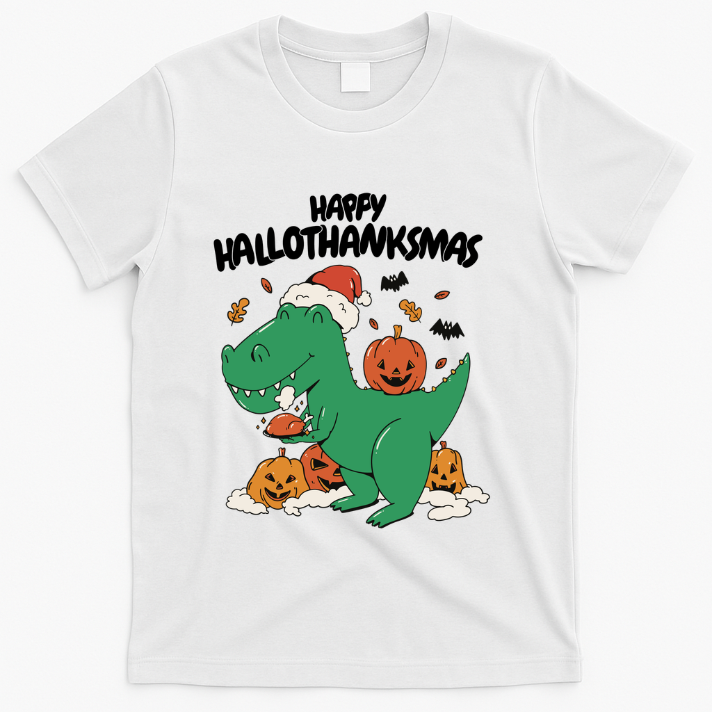 Happy Hallothanksmas Dinosaur Holiday T-Shirt - White