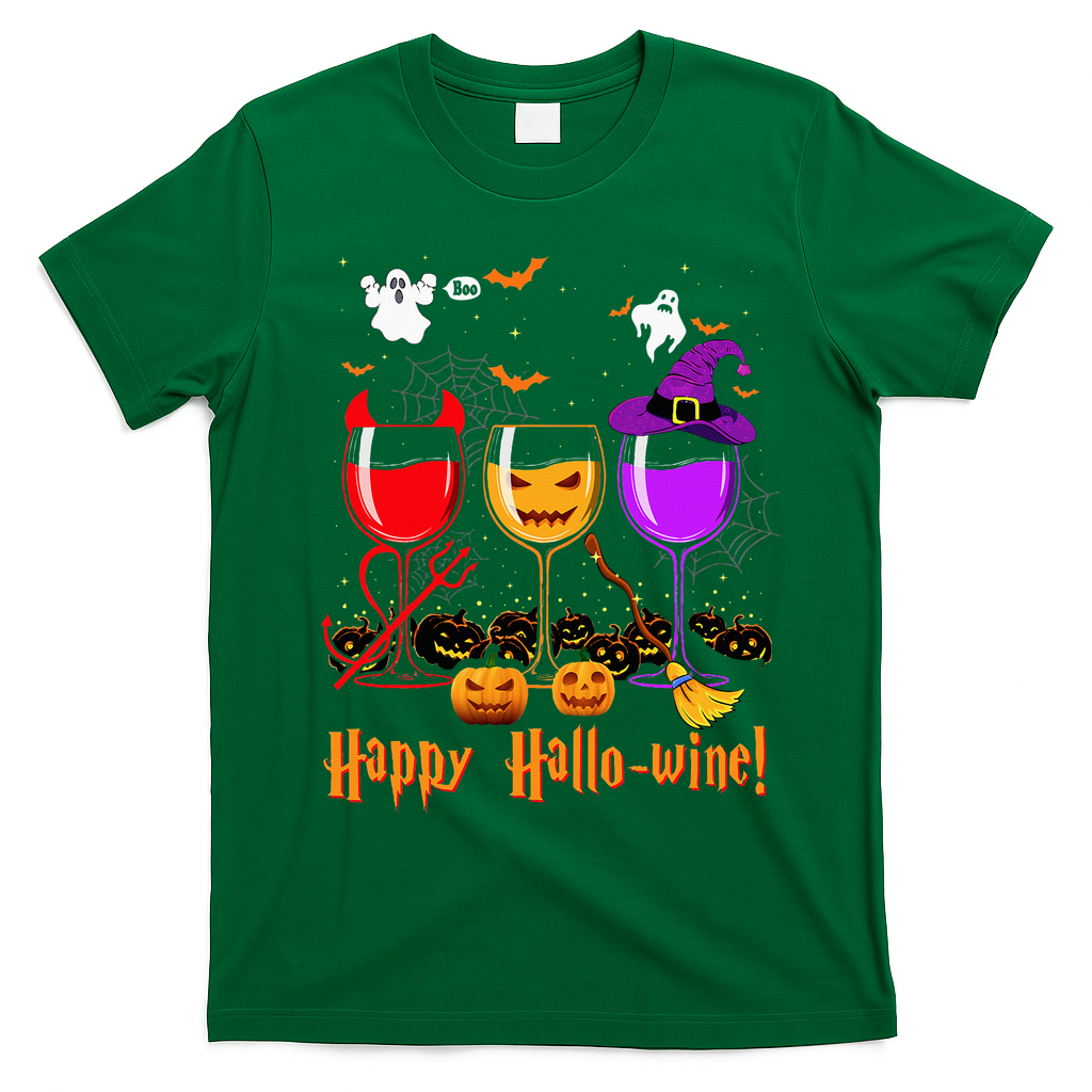 Happy Hallowine Drinking Scary Ghost Boo Pumpkin Halloween T-Shirt - Irish Green
