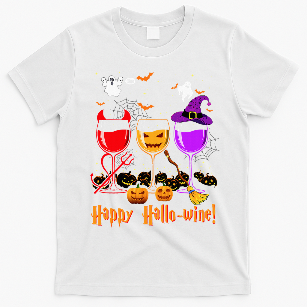 Happy Hallowine Drinking Scary Ghost Boo Pumpkin Halloween T-Shirt - White
