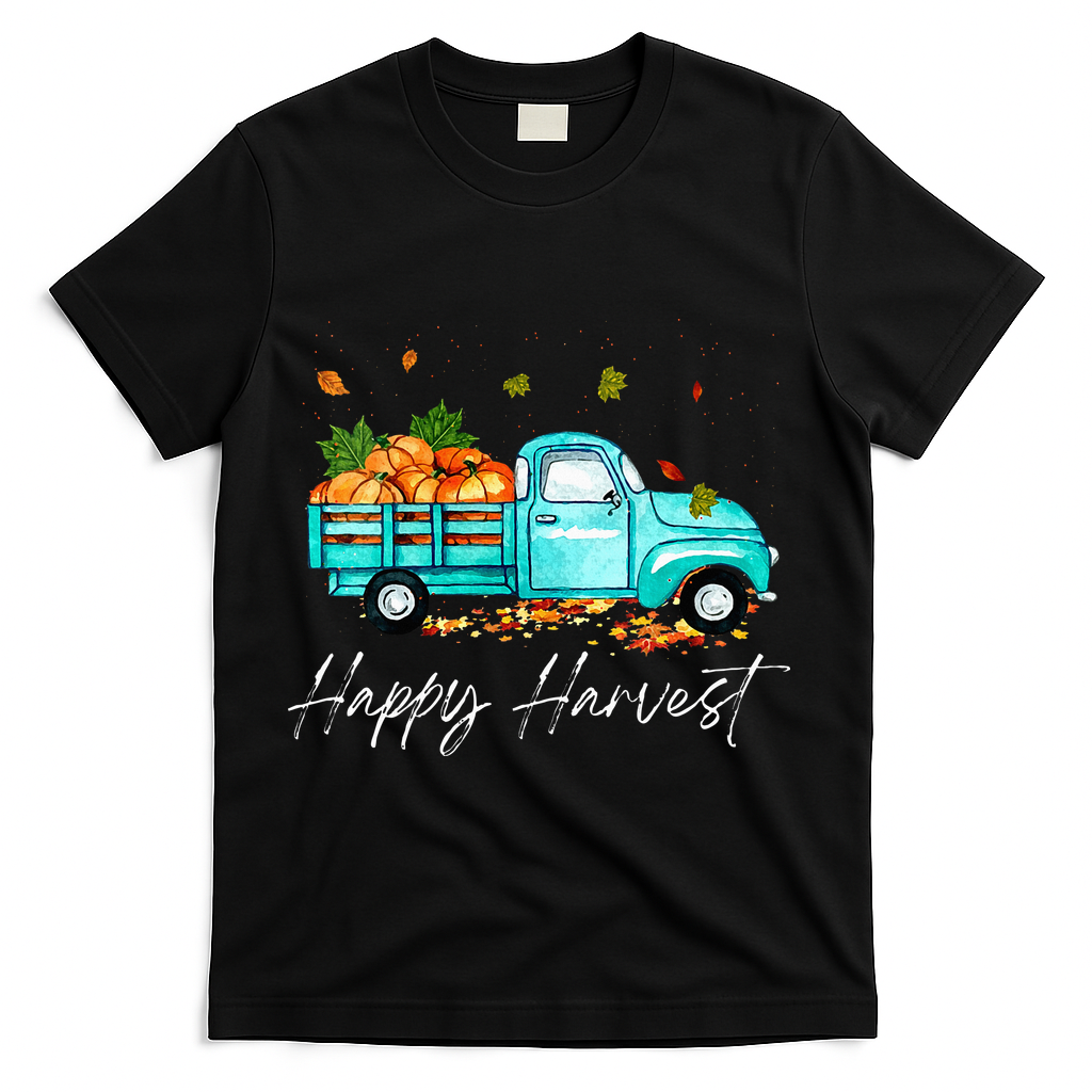 Happy Harvest Fall Season Pumpkin Truck Thanksgiving Vintage T-Shirt - Black