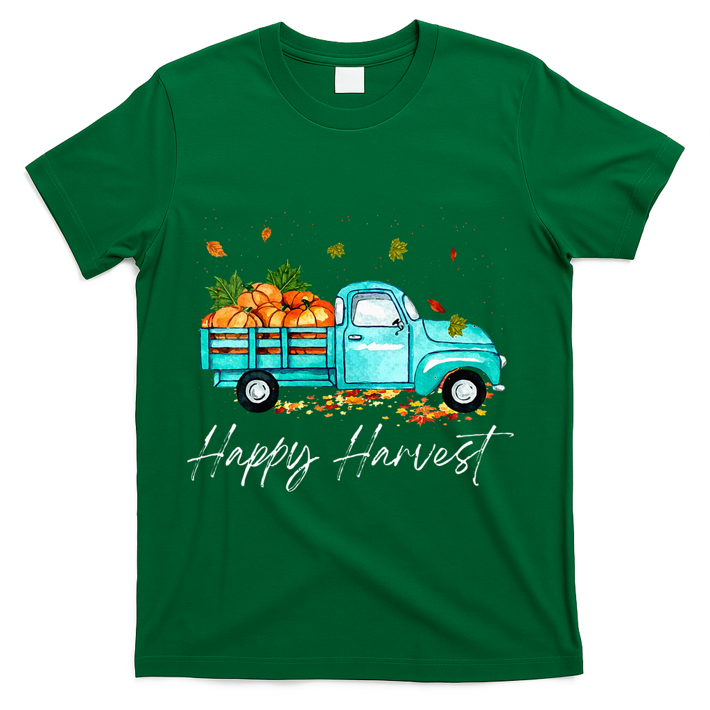 Happy Harvest Fall Season Pumpkin Truck Thanksgiving Vintage T-Shirt - Green