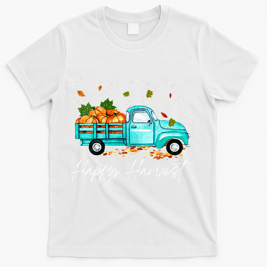 Happy Harvest Fall Season Pumpkin Truck Thanksgiving Vintage T-Shirt - White