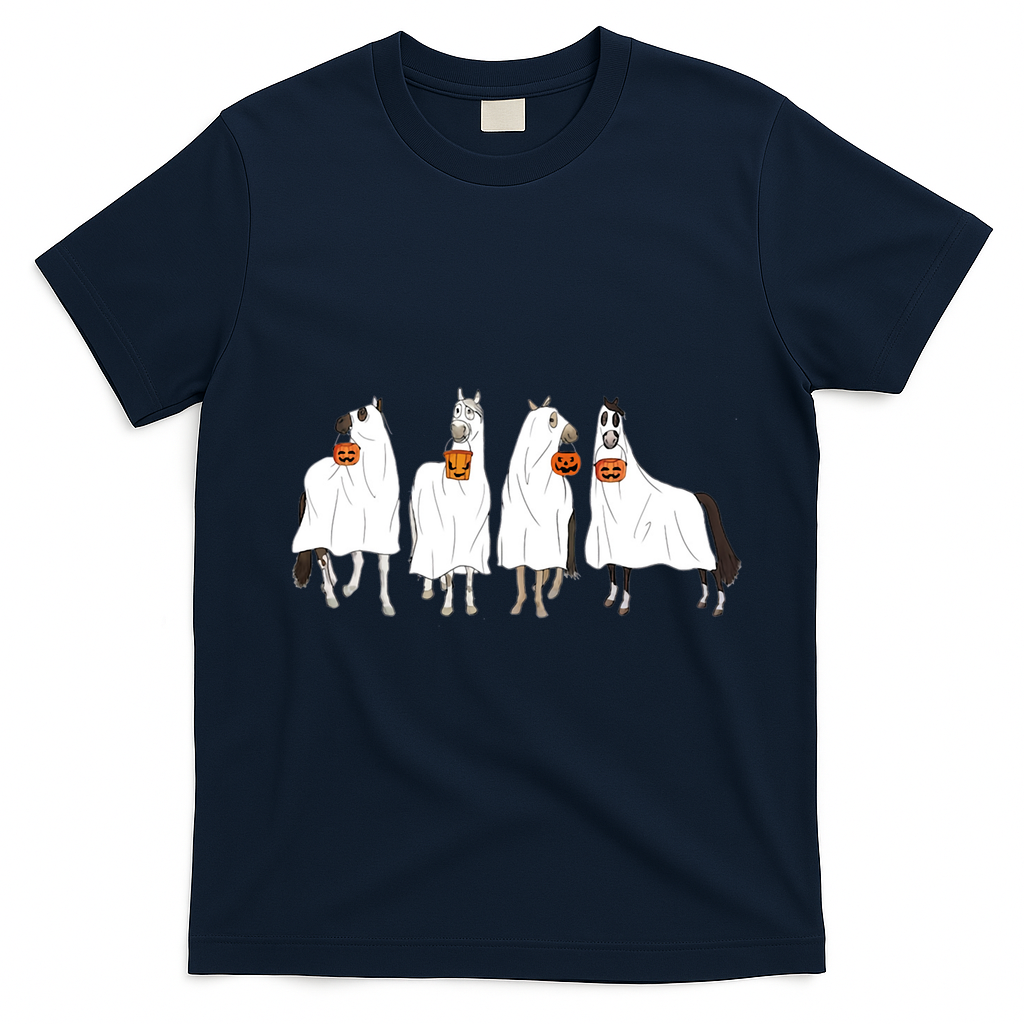 Halloween Horse Ghost Boo Cowboy Western Spooky Season T-Shirt - Navy Blue