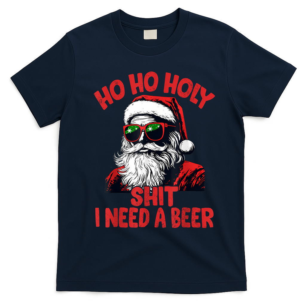 Ho Ho Holy Shit I Need A Beer Funny Santa Christmas Drinking T-Shirt - Navy Blue