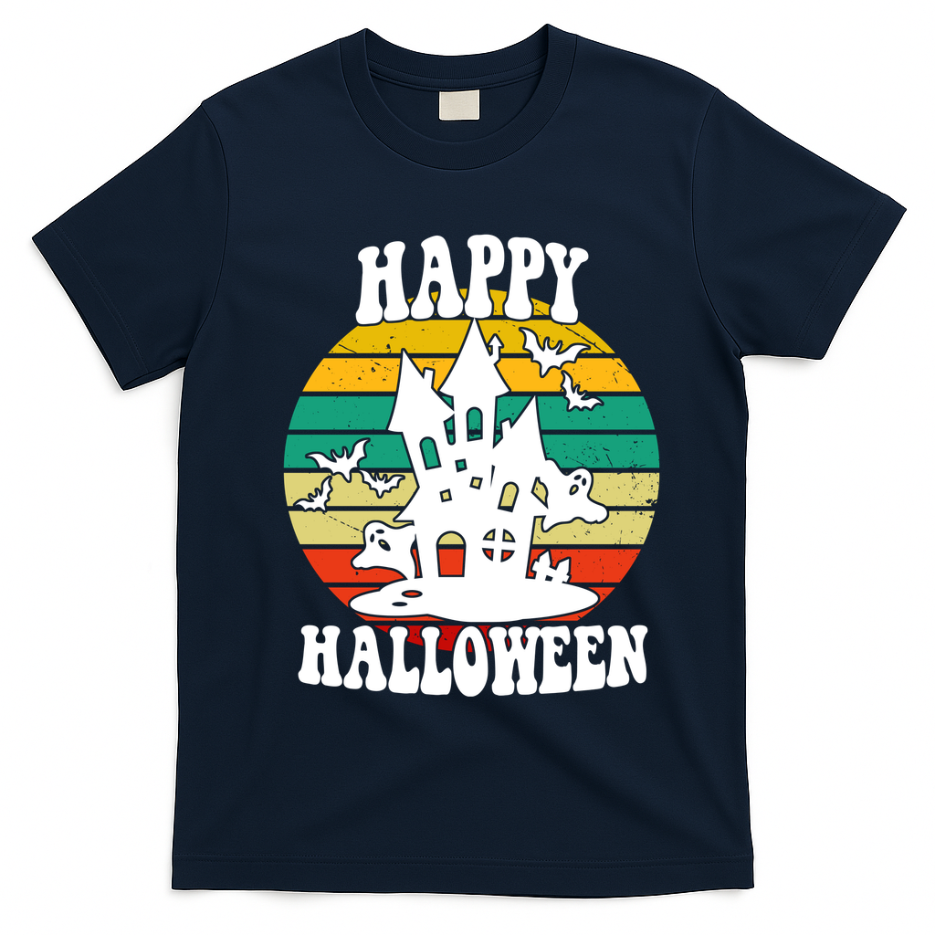 Happy Halloween Hunted House Vintage T-Shirt - Navy Blue